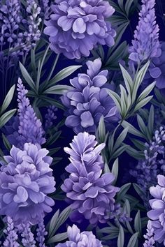 purple flowers and green leaves on a dark blue background seamless wallpaper pattern stock photo