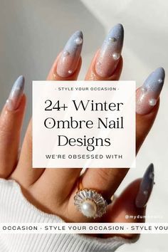 French Ombre Nails With Glitter, Winter Nail Palette, Winter Ombré Nails, Almond Dip Nails Winter, Blue Ombre Nails With Glitter, Dip Powder Nails Ombre, Ombre Nails Ideas, Winter Nail Trends, Snowflake Nail Design