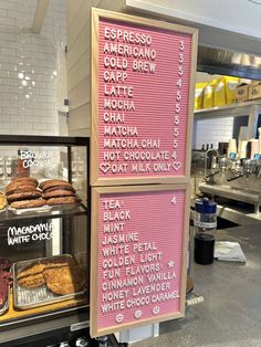 the menu for some kind of dessert is displayed in front of other pastries and donuts