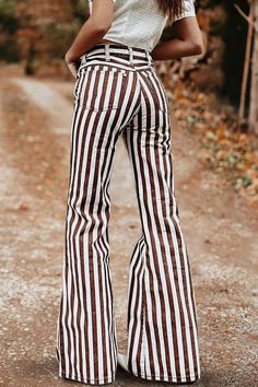 Retro Striped Print Flared Trousers – castellbus Chic Brown Wide Leg Flare Jeans, Retro Wide Leg Bottoms For Fall, Chic Full-length Cotton Flare Jeans, Retro Cotton Bottoms For Fall, Chic Cotton Summer Flares, Chic Cotton Flares For Summer, Casual Cotton Summer Flares, Trendy Summer Cotton Flares, Chic Wide Leg Cotton Flares