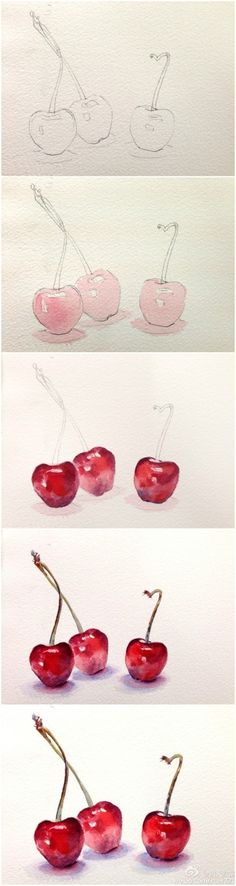 four different pictures of cherries in various stages of being drawn with pencil and watercolor