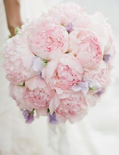 a bride holding a bouquet of pink peonies