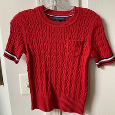 Brand New Without Tags Tommy Hilfiger Red Short Sleeve Knit Sweater. Never Worn. Purchased At Macy’s. Cozy Fitted Red Tops, Cozy Red Fitted Tops, Red Cable Knit Crew Neck Sweater, Red Crew Neck Knit Top, Preppy Knit Tops For Spring, Preppy Spring Knit Tops, Spring Preppy Knit Tops, Tommy Hilfiger Casual Knit Tops, Red Knitted Casual Tops