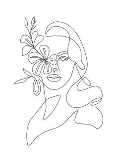 a line drawing of a woman with flowers in her hair