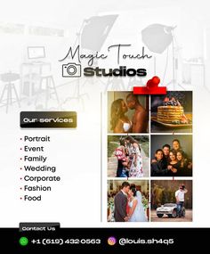 an advertisement for a wedding video production company, with images of the couple and their guests