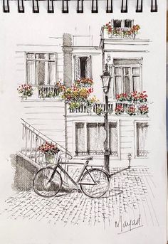 a drawing of a bicycle parked in front of a building with flower boxes on it