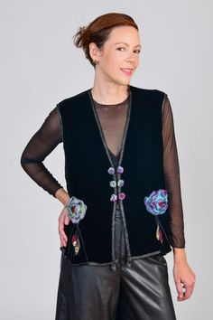 Silk Vest - This stylish silk vest displays wonderful movement thanks to the moving sequins on its embellished roses and its masterful construction; it closes with hook clasps. Handmade Fabric Purses, Vest Patterns, Quilted Clothing, Wearable Art Clothing, Silk Vest, Art Clothing, Vest Designs, Denim Crafts, Artful Home