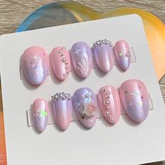 🎀High quality and hand painted luxury press on nails. I use Apres nails only, for durability. Reusable if well maintained!  Mermaid Press On Nails, Purple and Pink Ombre with Chrome  *ੈ Currently these are the shapes and lengths available: 💕Short Almond 💕Medium Almond  Please read before purchasing! :) ✧･ﾟ: *✧･ﾟ:* ➡️➡️Please provide measurements  2 methods to obtain nail sizes: ➡️Purchase one of my sizing kits ➡️Measure your nails following instructions in the listing photo  🎀Each Nail Set Includes:  10 Nails of Your Size  🎀Prep Set Included!  1 Instruction Card  1 Nail Glue  24 Adhesive Stickers  1 Mini Nail File  1 Mini Nail Buffer  1 Mini Cuticle Pusher Alcohol Prep Pad  🎀Reusable if you take care of them.🎀  1- 2 days using adhesive tab (provided with the nail set) 2- 3 weeks usi Short Medium Almond Nails, Almond Nails Prom, Ombre With Chrome, Pink Purple Nails, Apres Nails, Medium Almond Nails, Little Mermaid Nails, Purple And Pink Nails, Baby Shower Summer