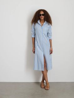 Jules Dress In Stripe – Alex Mill Summer Cotton Shirt Dress For Business Casual, Summer Casual Shirt Dress For Business Casual, Casual Shirt Dress For Business Casual In Summer, Collared Midi Dress With Placket For Daywear, Collared Shirt Dress With Relaxed Fit, Collared Midi Dress For Daywear, Midi Length Shirt Dress With Pockets For Daywear, Relaxed Fit Shirt Dress With Roll-up Sleeves For Daywear, Casual Collared Dress With Cuffed Sleeves