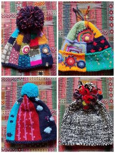 four hats with different colors and designs on them