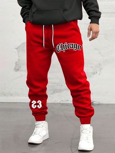 Men's Loose Fit Letter Printed Sweatpants With Drawstring Waist Red    Fabric Letter Jogger Slight Stretch All Men Clothing, size features are:Bust: ,Length: ,Sleeve Length: