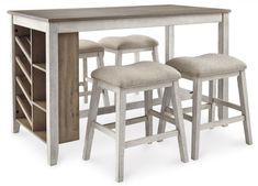 two stools and a table with a wine rack