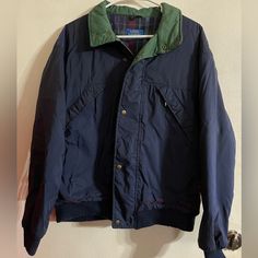 See Photos! Great Jacket! Classic Blue Outerwear For Cold Weather, Navy Vintage Outerwear With Pockets, Vintage Navy Outerwear For Outdoor, Vintage Navy Outerwear For Winter, Vintage Blue Sport Coat For Fall, Classic Navy Outerwear For Outdoor, Pendleton Jacket, Coats Vintage, Men's Coats And Jackets