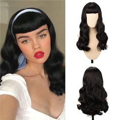 50s Wig For Women Color Black Size26 Inch Long Style Vintage Hairstyle Long Body Wavy Plus Bettie Page Bangs Looks Like 50s Superstar, Retro Hairstyle Make You Look Unique And Charming. Natural Looking Synthetic Wig Lonai Wig Is Made Of Heat-Friendly Synthetic Fiber Material And Has Gone Through 24 Processes To Ensure That The Curl And Gloss Of The Hair Are More Durable. Tangled Prevent Design, It Can Make The Wig's Curly Hair Shape Last Longer And Look Better. Breathable And Softable Cap Breath Black Wavy Wig, Wavy Wig With Bangs, Wavy Wig, Wig Stand, Long Hair With Bangs, Wig With Bangs, Black Wig, Retro Hairstyles, Hair Color Balayage