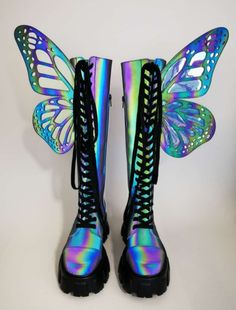 Glow In The Dark Platform Boots, Rave Shoes Edm, Platform Butterfly Boots, Butterfly Wing Boots, Butterfly Boots, Butterfly Outfit, Goth Rave, Wing Boots, Fav Products