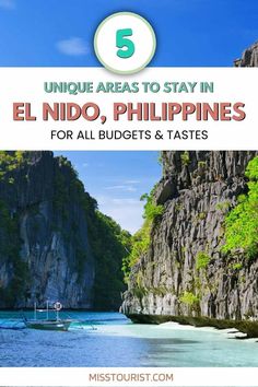 the philippines with text overlay that reads 5 unique areas to stay in el nido,