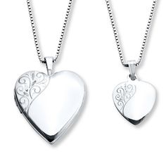 This mother and daughter necklace set features a heart-shaped locket and pendant with swirls etched in sterling silver. The set comes with 14- and 18-inch box chains so mother and daughter have the perfect fit. Each necklace is secured with a spring ring clasp. Mother's Day Sterling Silver Locket Necklace Gift For Mom, Engraved Sterling Silver Locket Necklace For Mom, Mother's Day White Gold Locket Necklace, Mother Daughter Necklaces, Necklaces Heart, Mother Daughter Jewelry, Mother Daughter Necklace, Locket Pendant Necklace, Daughter Necklace