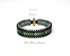 the beaded bracelet is made with black, green and gold beads on a white background