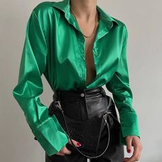 Satijnen Blouses, Green Silk Shirt, Blouses Vintage, Long Sleeve Blouses, Cardigan Casual, Casual Shirt Women