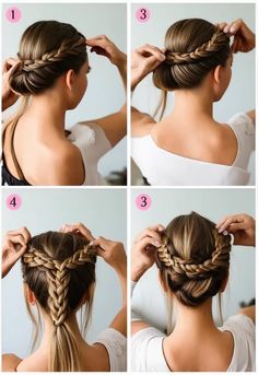 "A step-by-step guide showing a woman with medium-length hair gradually creating a beautiful braided updo. The first step shows her parting her hair, the second step demonstrates the braiding technique, and the final step displays the completed elegant Braided Updo, Length Hair, Medium Length Hair Styles, Medium Length