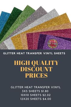 glitter heat transfer vinyl sheets with the words high quality discount prices in gold and purple