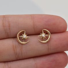 10K Solid Gold Moon & Star Earrings, Solid Gold Earrings,celestial Earrings,crescent Moon Earrings. - Etsy Canada Moon Gold Earrings, Moon Earrings Studs, Celestial Earrings, Moon And Star Earrings, Crescent Moon Earrings, Solid Gold Earrings, Gold Moon, Moon Star, Moon Earrings