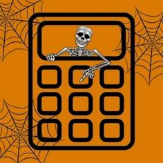 a skeleton sitting on top of a calculator surrounded by cobwebs