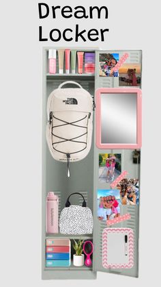 the inside of a locker with pictures and other items on it, including a purse