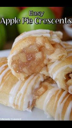 two apple pie crescents on a plate with apples in the background and text overlay that reads easy apple pie crescents