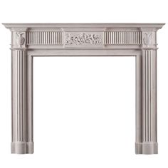 a white fireplace with an ornate design on the top and bottom, in front of a white background