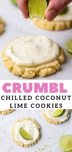 a person dipping a lime into cracker cookies on a sheet of parchment paper with the words crumbl chilled coconut lime cookies