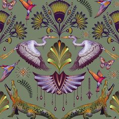 a painting of birds and flowers on a green background with purple, yellow, and blue colors