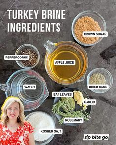 a woman standing in front of various ingredients for turkey brine