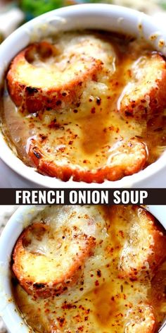 french onion soup in a white bowl with the words, how to make french onion soup