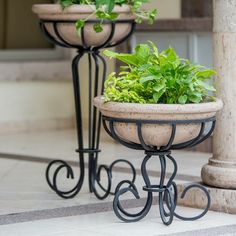 two planters with plants in them sitting on the ground