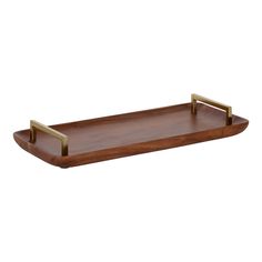 a wooden tray with two brass handles