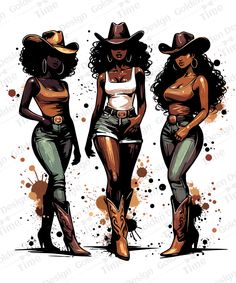 three women in cowboy hats and jeans are standing next to each other with their hands on their hipss