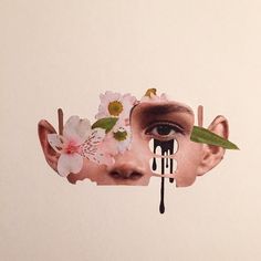 a woman's face with flowers on her head and the image is cut into pieces