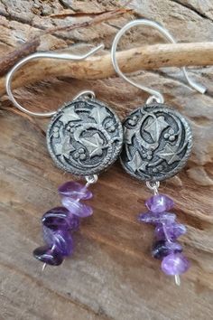 Wine Lover Gift Grape Earrings Antique Button Earrings Vintage Jewelry Boho Earrings  Purple Earrings Gift for Her Bohemian earrings Fall Add a fun pair of antique button earrings to your wardrobe this season! Rustic metal buttons with a fall grape 🍇 theme. I can smell the grapes on the vine! I used purple amethyst gemstones to play up the grape theme. Boho earrings. Antique button earrings. Vintage jewelry. Modern heirloom jewelry. What makes WiredVintage different? All shanks are left intact Pierced Drop Earrings For Birthday, Birthday Drop Earrings For Pierced Ears, Birthday Dangle Single Earring, Metal Earrings For Pierced Ears Birthday, Metal Earrings For Birthday With Pierced Ears, Metal Earrings For Birthday, Nickel Free Drop Earrings For Birthday, Grape Earrings, Heirloom Jewelry