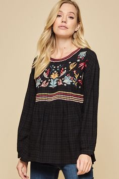 We love the vibe of this gorgeous embroidered top. It features a round , colorful embroidery, long sleeves, a textured fabric, keyhole & button closure on back and a relaxed a-line fit with flowy bodice. Small Bust 38" L 27" : Medium Bust 40" L 27" : Large Bust 42" L 27" 1X Bust 52" L 31" : 2X B 54" L 31" : 3X Bust 56" L 31" 50% Woven Rayon 50% Cotton - no stretch Hand wash cold Colorful Embroidery, The Vibe, Babydoll Top, Textured Fabric, Embroidered Top, Striped Dress, Cool Style, Bell Sleeve Top, Top Shirt