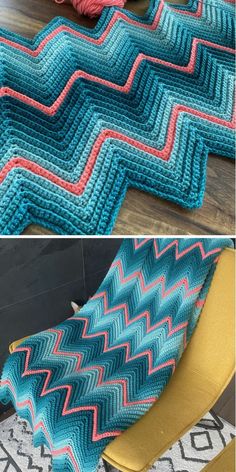 two pictures showing the same color and pattern for a blanket, with yarn on it