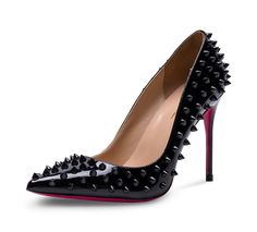 Genuine leather upper and insole; rubber outsole Point toe Spikes all over the shoes Pink sole 4" heel (10 cm, approximately) Feminine Shoes, Narrow Shoes, Black Pumps Heels, Spike Heels, Shoes Pink, Comfortable Heels, Pointed Toe Shoes, Stiletto Pumps, High Heels Stilettos