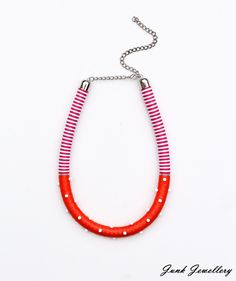 ** S T R I P E D ** ICE-CREAM POLKA DOT COLLECTION ** SS2019 A beautiful handmade necklace. The colour is a combination of pink and white stripes, bright orange with white plastic beads. It's around 40 cm in length. It's light and flexible and the length is easily adjusted with a chain. It's perfect for spring and summer and it's suitable for every style and occasion.  If you like the design, but not the colours, that could be changed providing the desired colour is in stock. It comes nicely pac Necklace Rope, Junk Jewelry, Rope Jewelry, Bib Necklaces, Pink And White Stripes, Pillow Box, Summer Necklace, Rope Necklace, Cute Necklace