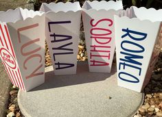 four paper bags with the words popcorn written in red, white and blue on them