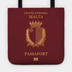 a red passport bag with the words, union europe malta in gold on it