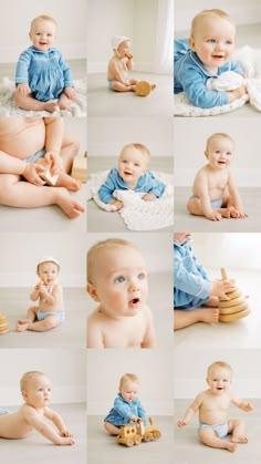 a baby sitting on the floor playing with his toys and looking up at the camera