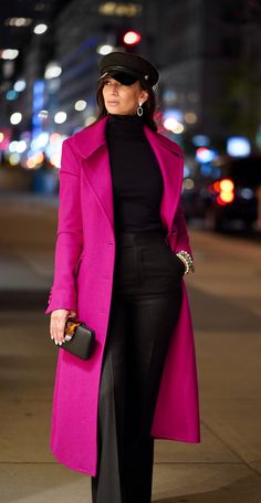 Fuschia Coat Outfit Winter, Pink Coats For Women Winter, Statement Dresses Classy Chic, Bold Womens Fashion, Fushia Coat Outfit, Bold Clothing Style, Bold Outfits For Women, Fushia Outfit, Winter Outfits Over 40