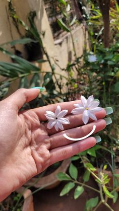 a person's hand holding three small white flowers