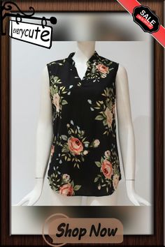 Vintage V Neck Floral Print Blouse Shirt Sleeveless Chiffon Blouse Spring Sleeveless Chiffon Blouse, Elegant Sleeveless Chiffon Blouse, Spring Chiffon Sleeveless Blouse, Chic Sleeveless Chiffon Blouse, Elegant Sleeveless Chiffon Top, Elegant Floral Print Sleeveless Blouse, Elegant Sleeveless Blouse With Floral Print, Black Sleeveless Blouse With Floral Print, Casual Sleeveless Workwear Blouse