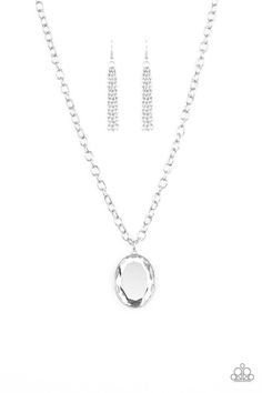 Featuring a sleek silver frame, an oversized oval gem swings below the collar for a dramatically glamorous look. Features an adjustable clasp closure. Sold as one individual necklace. Includes one pair of matching earrings. White Gemstone Necklace, Short Silver Necklace, Paparazzi Accessories Jewelry, Glamorous Look, Gem Necklace, Paparazzi Accessories, White Necklace, Paparazzi Jewelry, Silver Chain Necklace